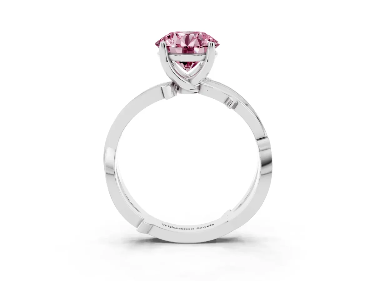 Fancy Pink Round Cut Solitaire Twist Band with Pavé Accents and Four-Prong Setting Platinum