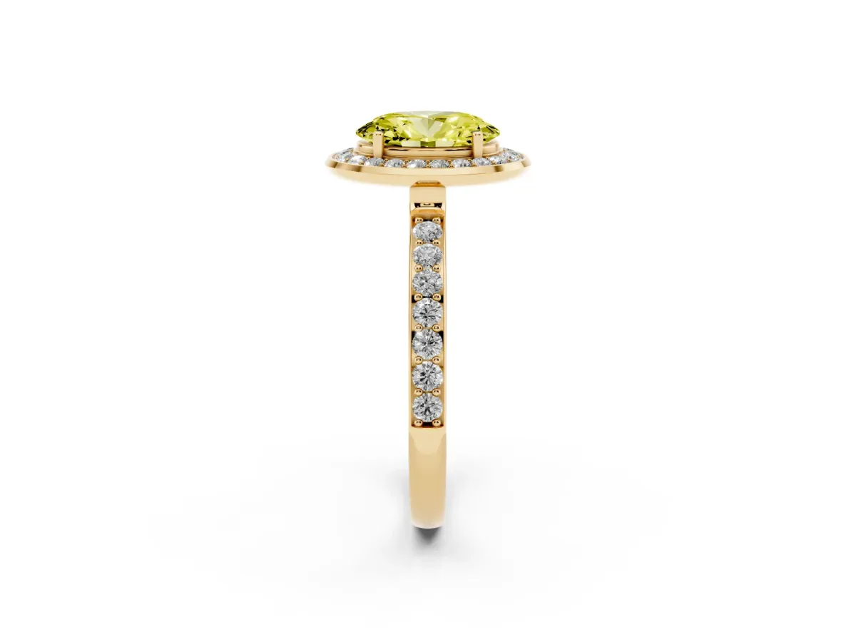 Fancy Yellow Oval Cut Diamond Halo Ring with Bezel Frame and Pavé Band Yellow gold