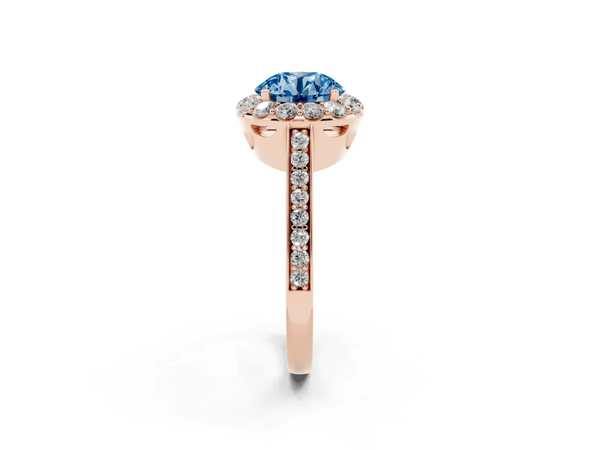 Fancy Blue Round Cut Diamond Floral Halo Ring with Pavé Band and Prong Setting Rose gold