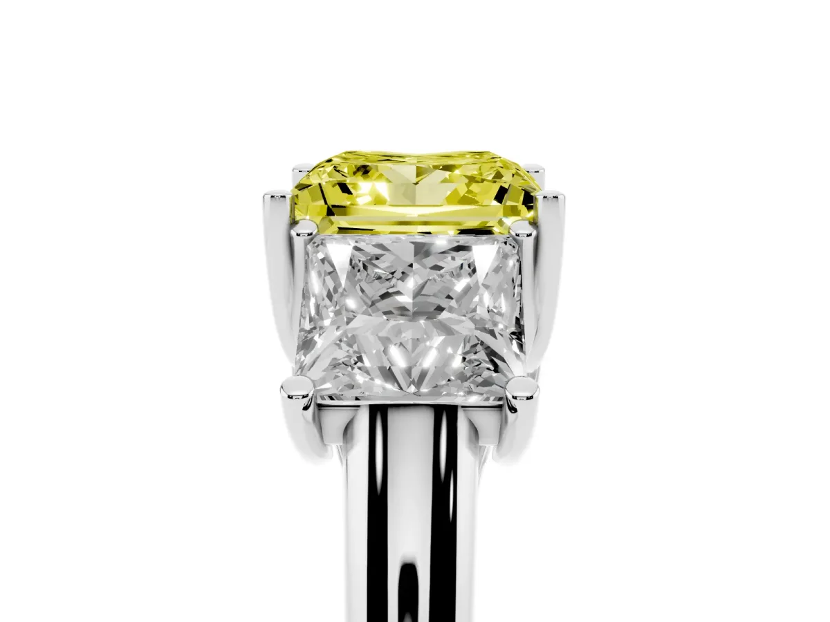 Fancy Yellow Three-Stone Princess Cut Diamond Engagement Ring with Prong Setting Silver