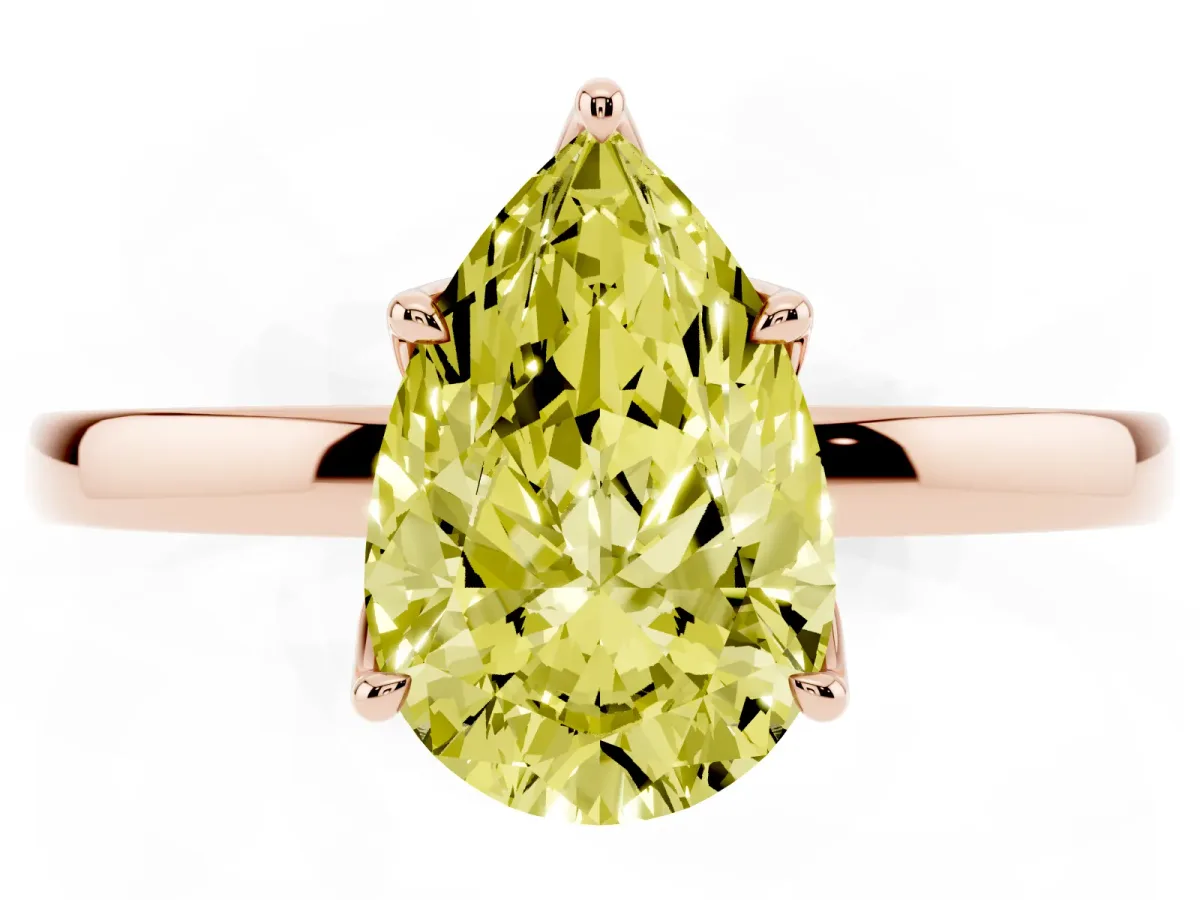 Fancy Yellow Pear Cut Diamond Solitaire Ring with Thin Band and Prong Setting Rose gold