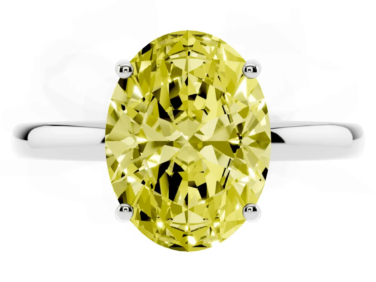 Fancy Yellow Oval Cut Solitaire Diamond Ring with Prong Setting and Plain Band Silver