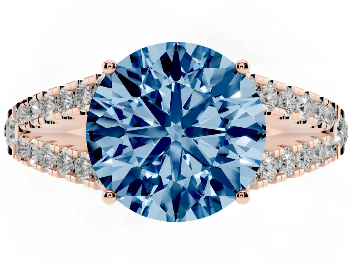 Fancy Blue Round Cut Diamond Split Shank Pavé Engagement Ring with Four-Prong Setting Rose gold