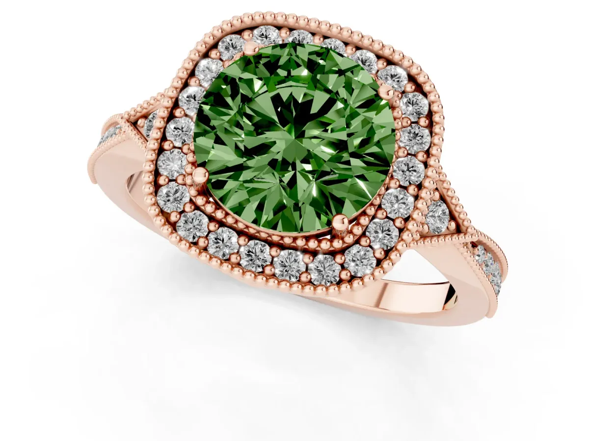 Fancy Green Round Cut Halo Round Diamond Milgrain Pave Engagement Ring Rose gold