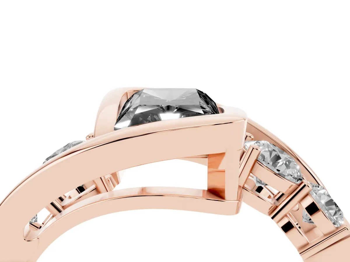 Fancy Black Bezel Set Radiant Cut Diamond Bypass Ring with Round Accents Rose gold