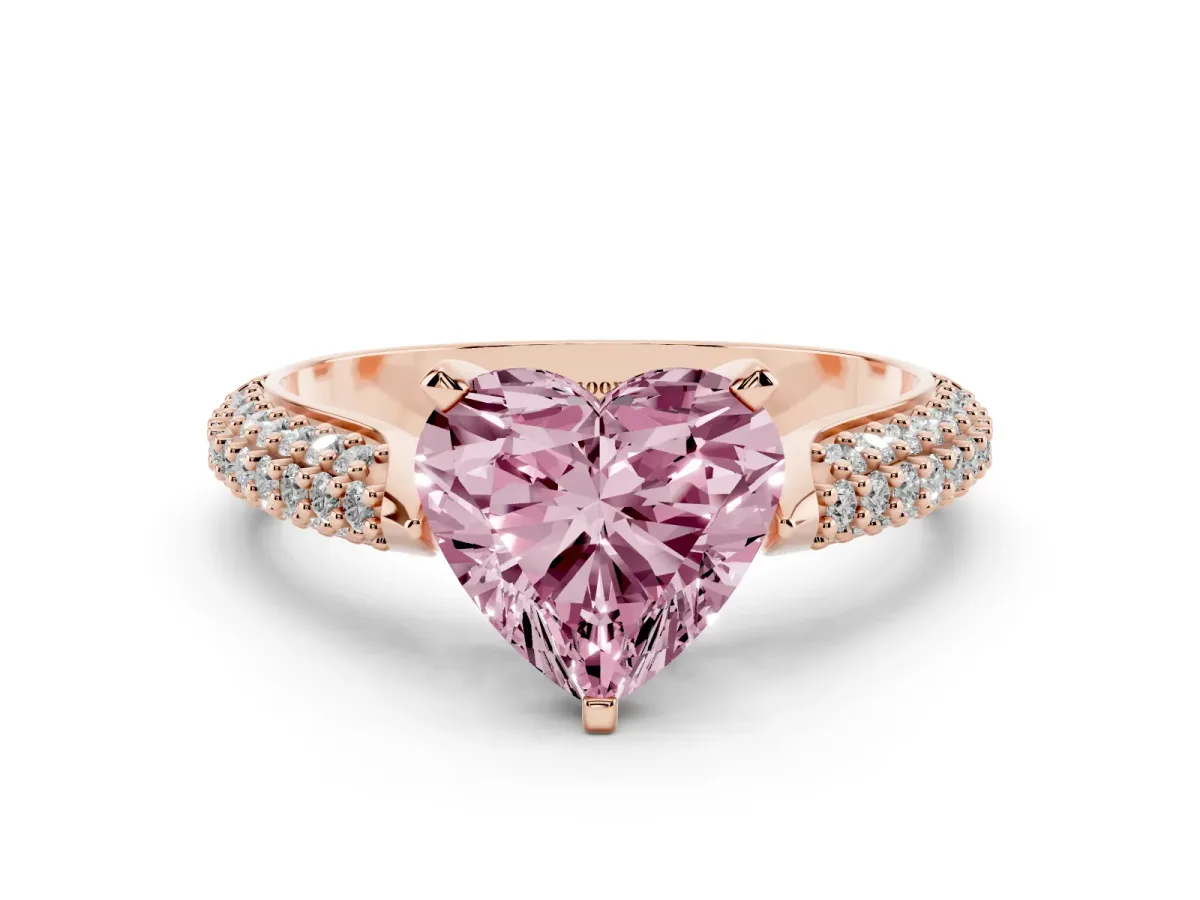 Fancy Pink Heart Cut Diamond Solitaire Engagement Ring with Multi-Row Round Pavé Band and Prong Setting Rose gold