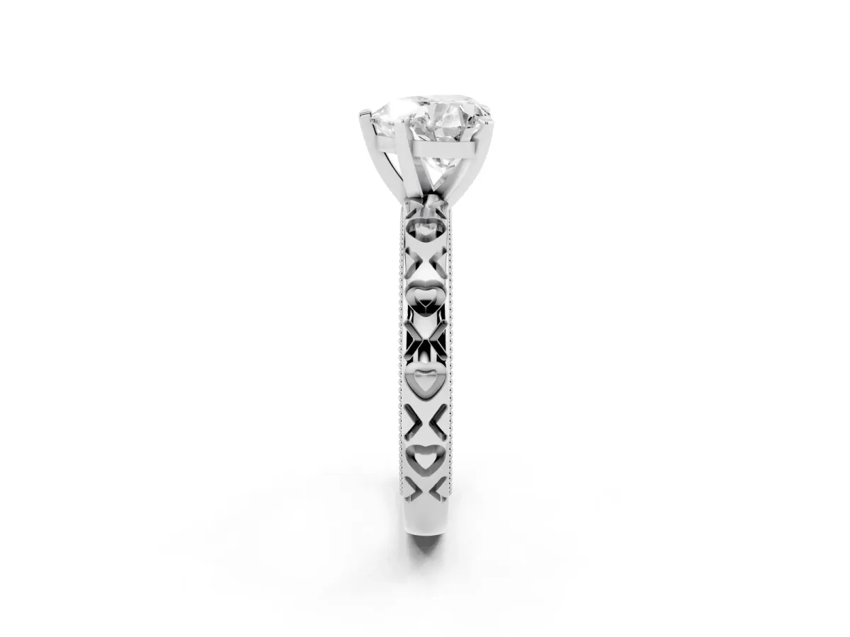 Heart Cut Solitaire Diamond Engagement Ring with XO Engraved Band and Four-Prong Setting Platinum