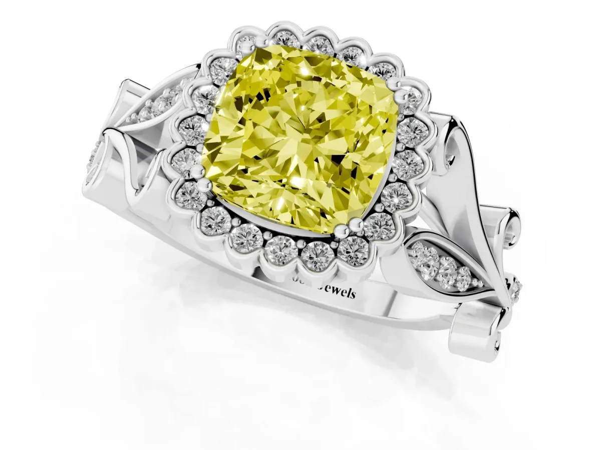 Fancy Yellow Cushion Cut Diamond Halo Ring with Vintage Split Shank and Four-Prong Setting Platinum