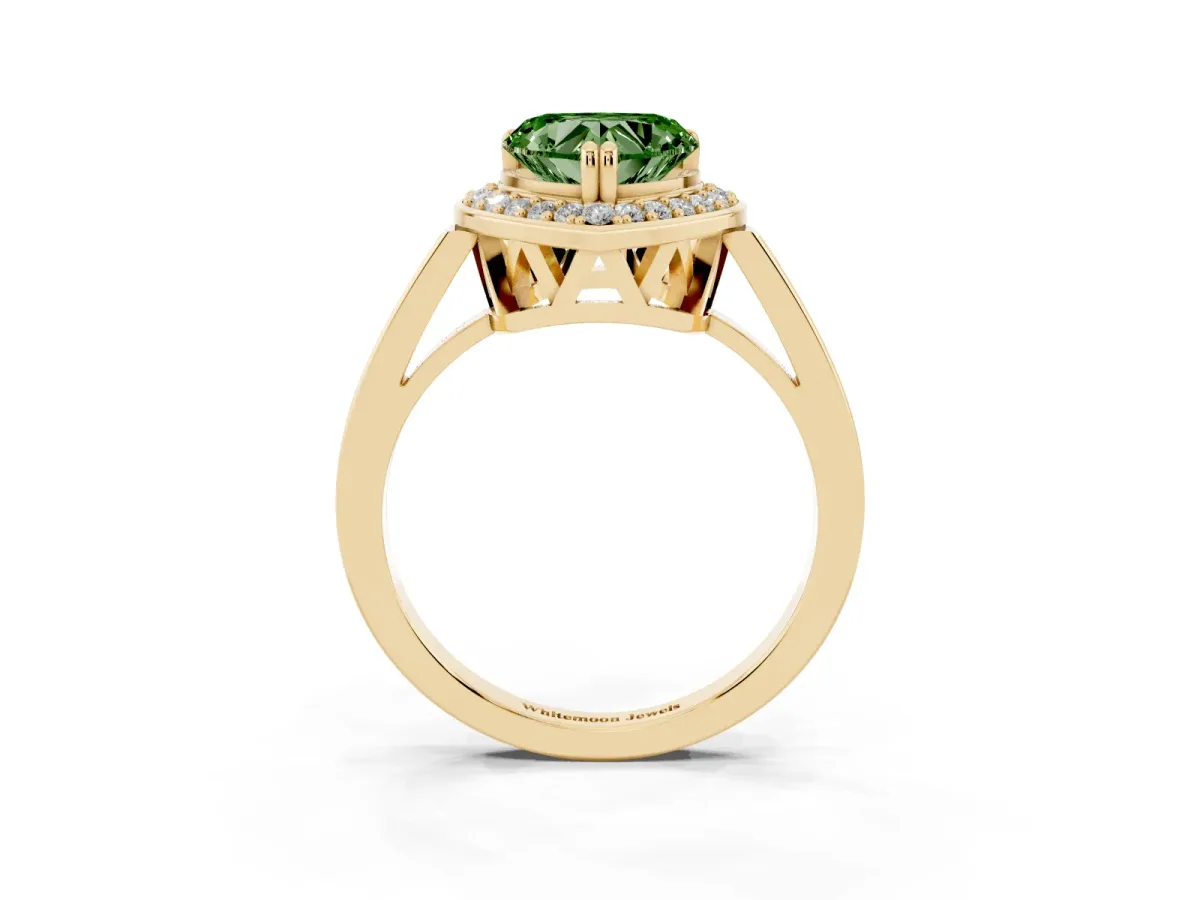 Fancy Green Heart Cut Diamond Halo Ring with Split Shank and Four-Prong Setting Yellow gold