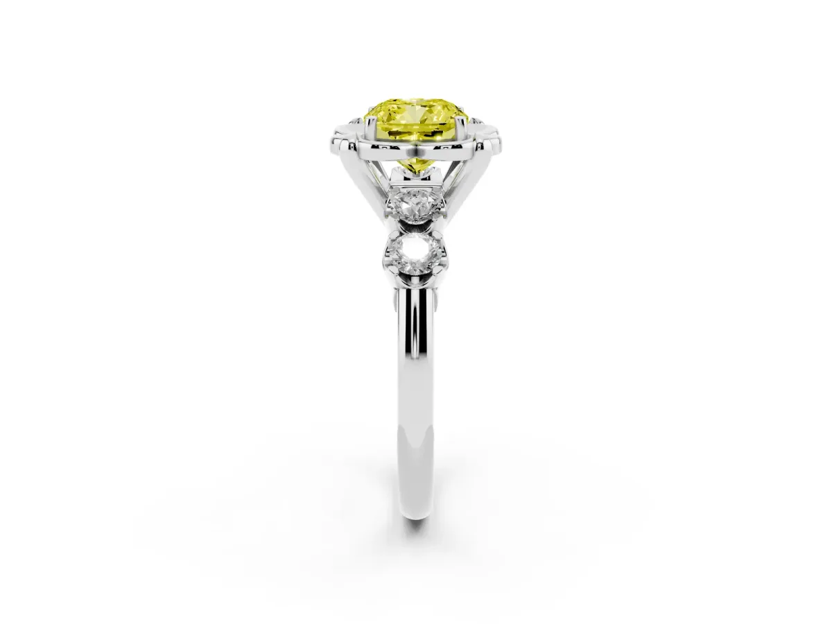 Fancy Yellow Cushion Cut Cut Diamond Floral Halo Engagement Ring with Shared Prong Setting Silver