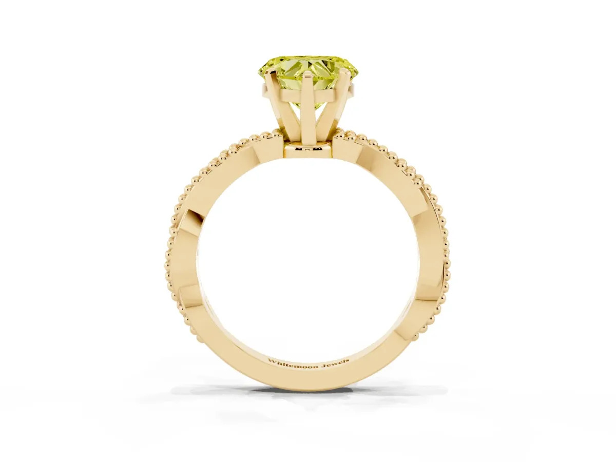 Fancy Yellow Heart Cut Solitaire Twisted Band with Bead Prong Setting Yellow gold