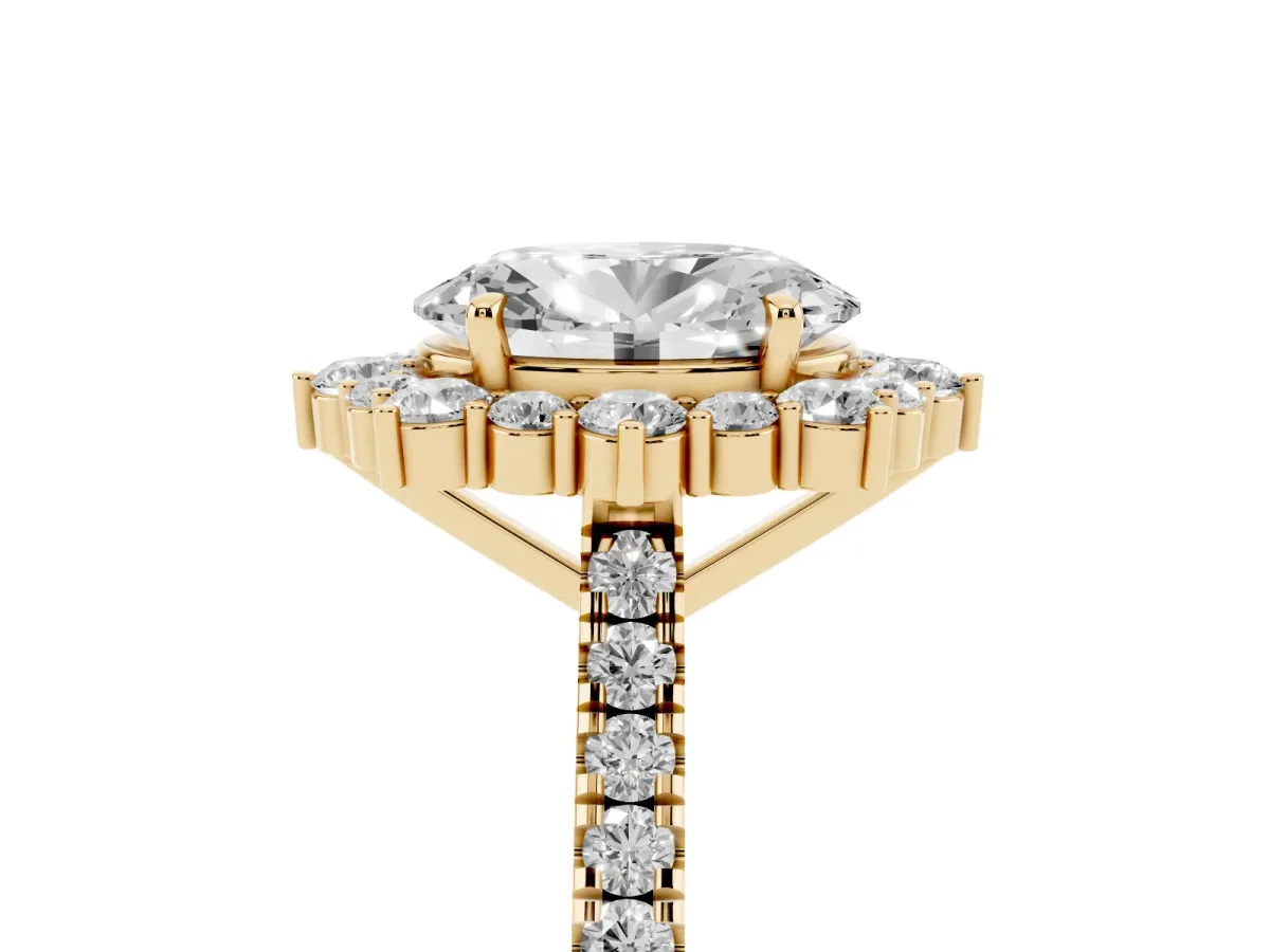 Oval Cut Halo Diamond Ring with Pavé Band and Prong Setting Yellow gold