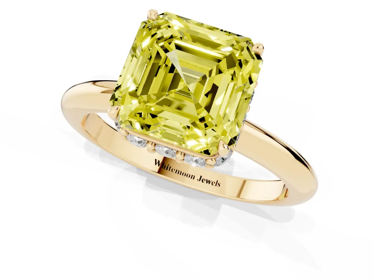 Fancy Yellow Asscher Cut Brilliant Solitaire Engagement Ring with Six-Prong Setting and Classic Band Yellow gold