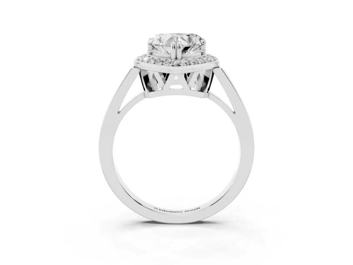 Heart Cut Diamond Halo Ring with Split Shank and Four-Prong Setting Silver