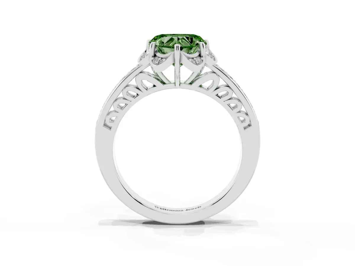Fancy Green Heart Cut Cut Halo Diamond Ring with Channel Set Band and Four-Prong Setting Platinum