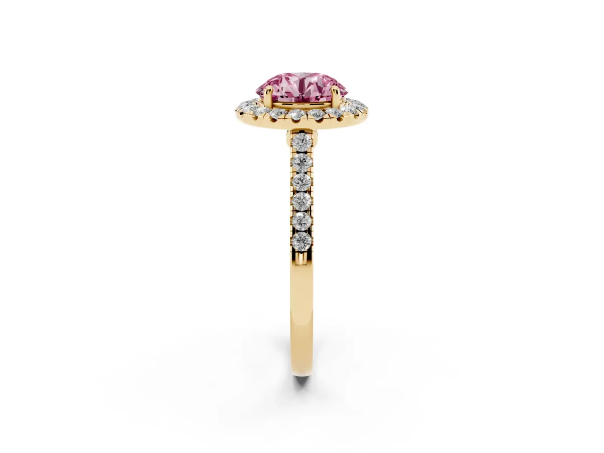 Fancy Pink Round Cut Halo Pave Diamond Engagement Ring with Four-Prong Setting Yellow gold