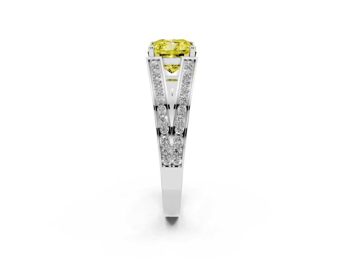 Fancy Yellow Cushion Cut Diamond Split Shank Ring with Pavé Band and Four-Prong Setting White gold
