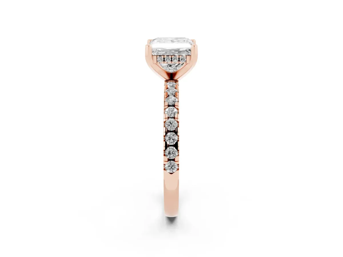 Princess Cut Diamond Solitaire Ring with Round Pavé Band and Four-Prong Setting Rose gold