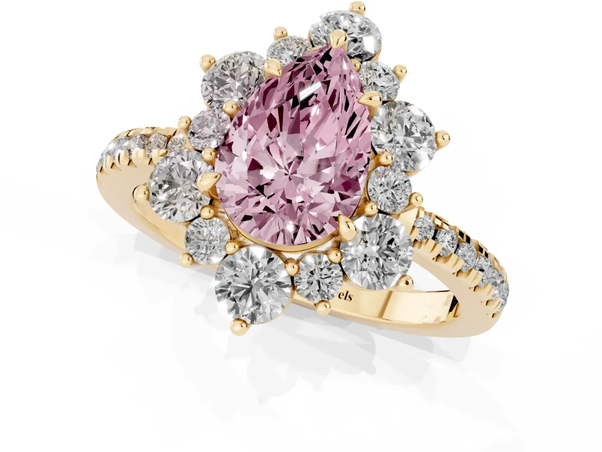 Fancy Pink Pear Cut Diamond Floral Halo Ring with Round Pavé Band and Prong Setting Yellow gold