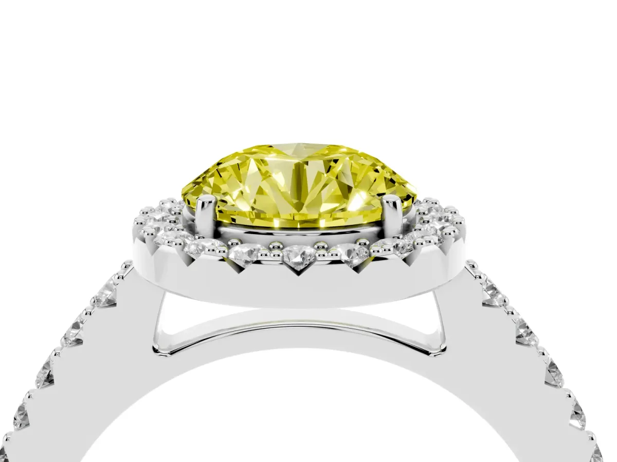 Fancy Yellow Round Cut Halo Diamond Pavé Solitaire Ring Platinum