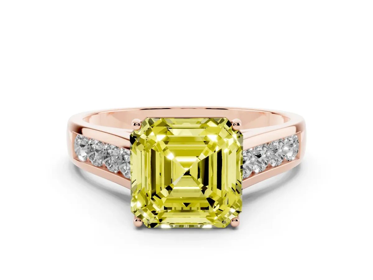 Fancy Yellow Asscher Cut Solitaire Channel-Set Diamond Engagement Ring with Four-Prong Setting Rose gold