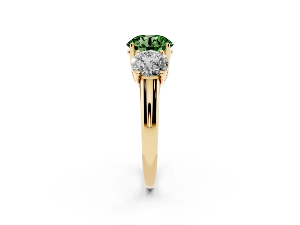 Fancy Green Three-Stone Round Cut Diamond Engagement Ring with Prong Setting Yellow gold