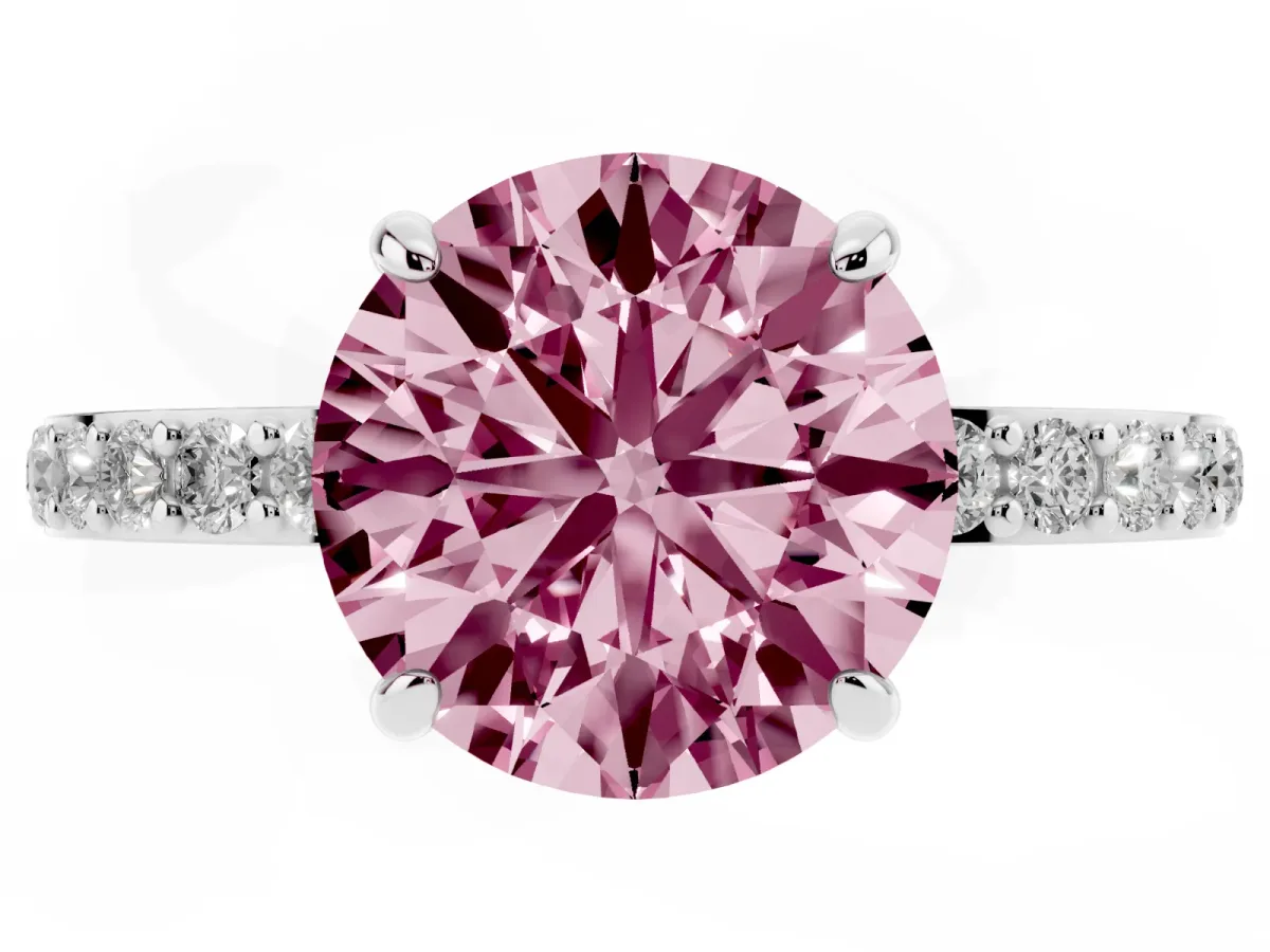 Fancy Pink Round Cut Diamond Pavé Engagement Ring with Round Accents and Prong Setting Silver