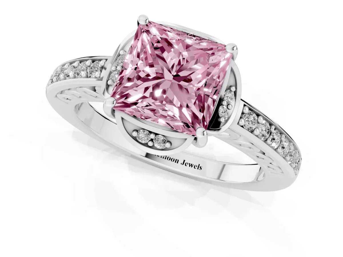 Fancy Pink Princess Cut Cut Halo Diamond Ring with Channel Set Band and Four-Prong Setting Platinum