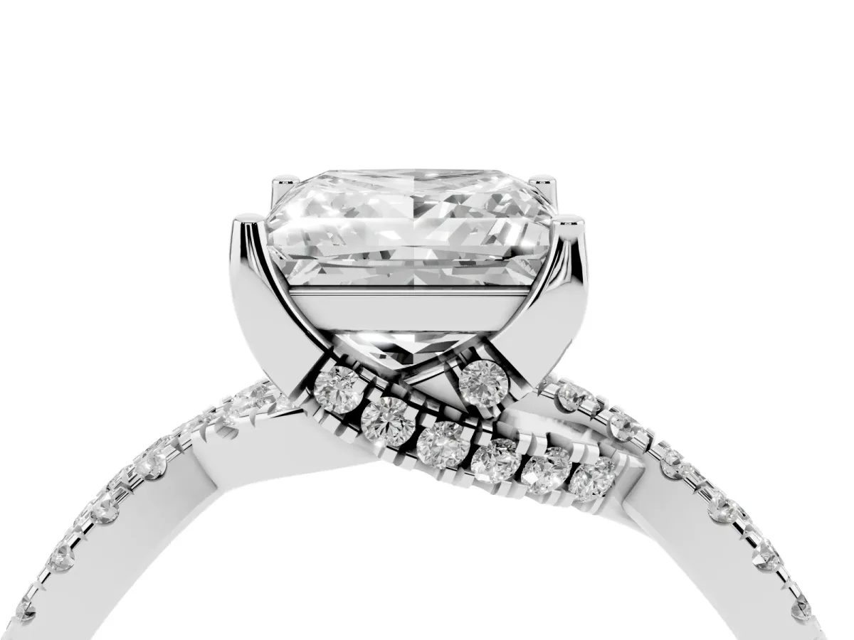 Princess Cut Solitaire Twist Pave Diamond Engagement Ring with Prong Setting Silver