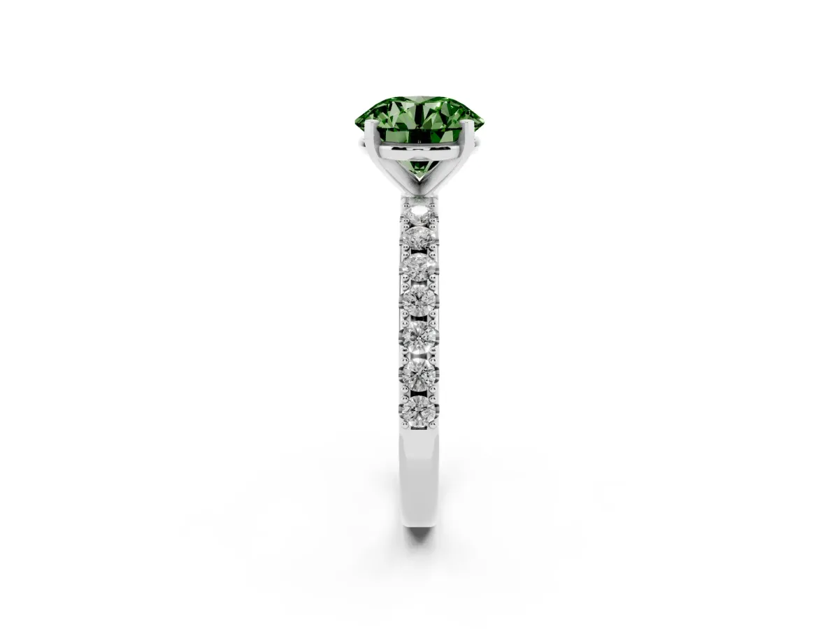 Fancy Green Round Cut Diamond Solitaire Pavé Band with Four-Prong Setting Silver