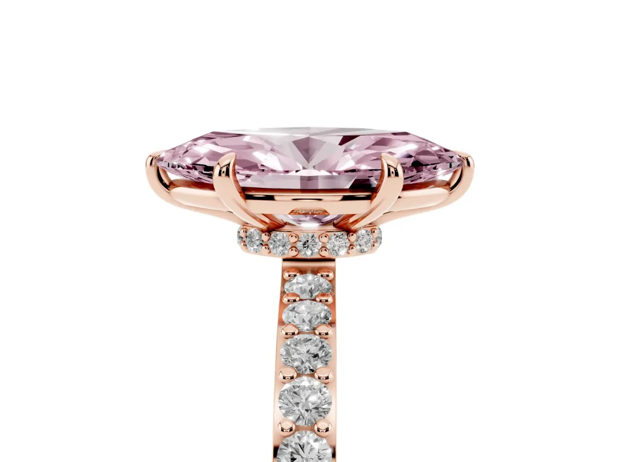 Fancy Pink Marquise Cut Diamond Pavé Engagement Ring with Round Accents and Prong Setting Rose gold