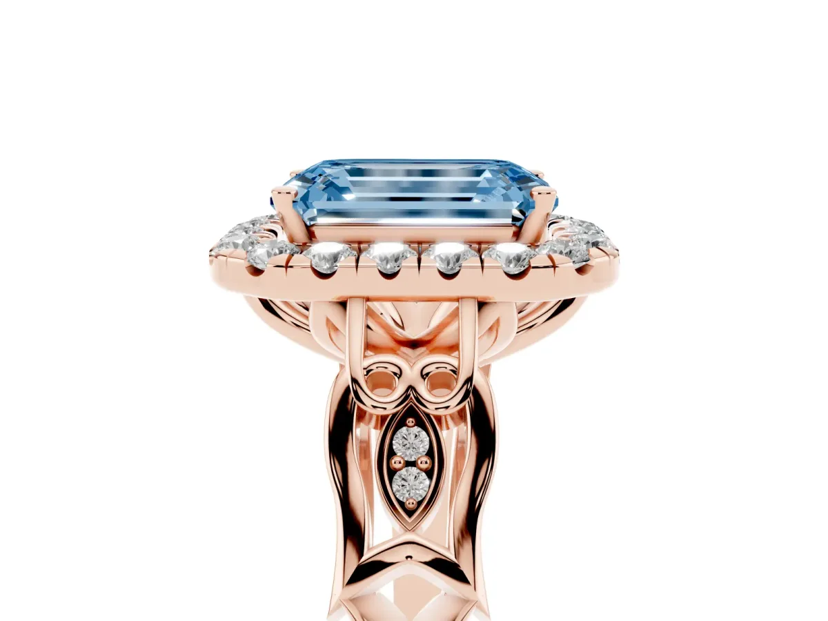 Fancy Blue Emerald Cut Halo Diamond Engagement Ring with Filigree Band and Four-Prong Setting Rose gold