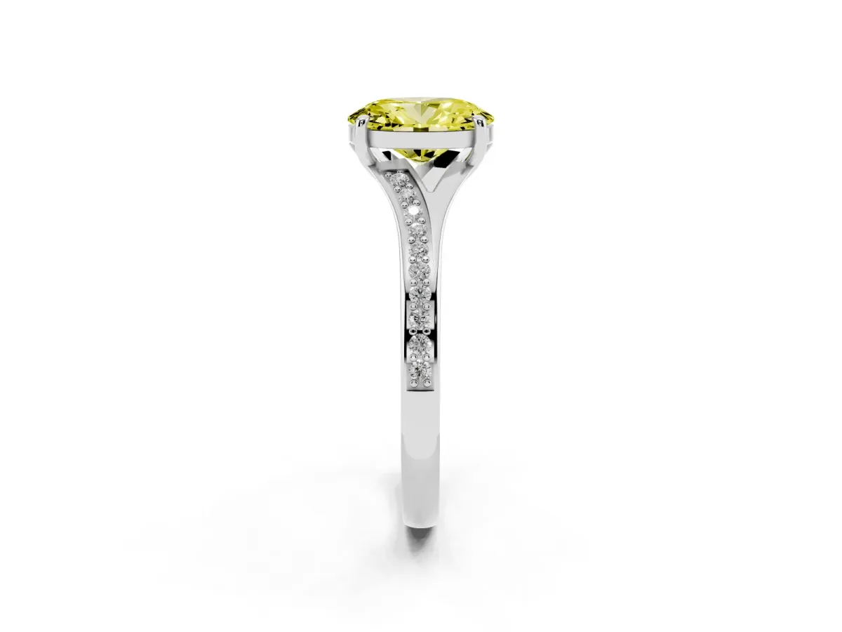 Fancy Yellow Oval Cut Diamond Solitaire Ring with Pavé Band and Prong Setting Silver