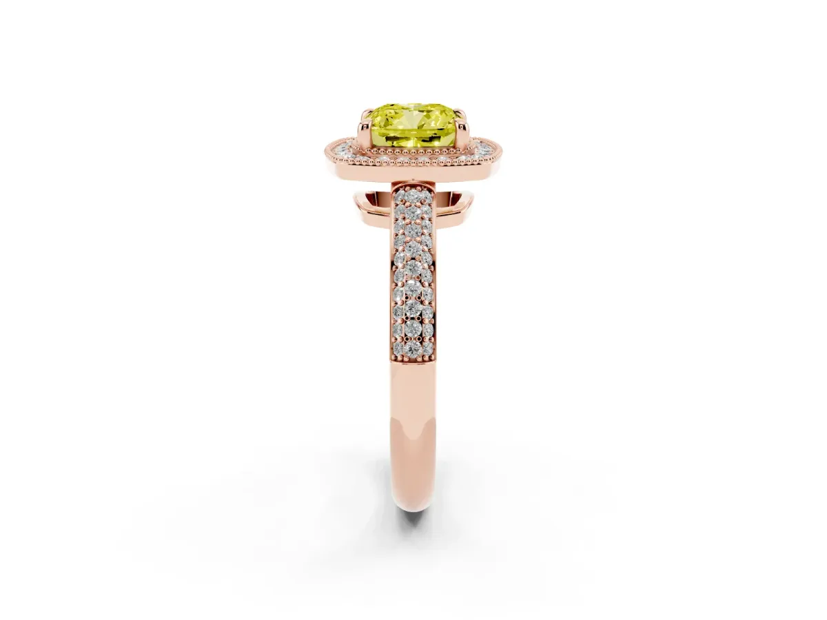 Fancy Yellow Cushion Cut Cut Halo Diamond Pave Band with Four-Prong Setting Rose gold