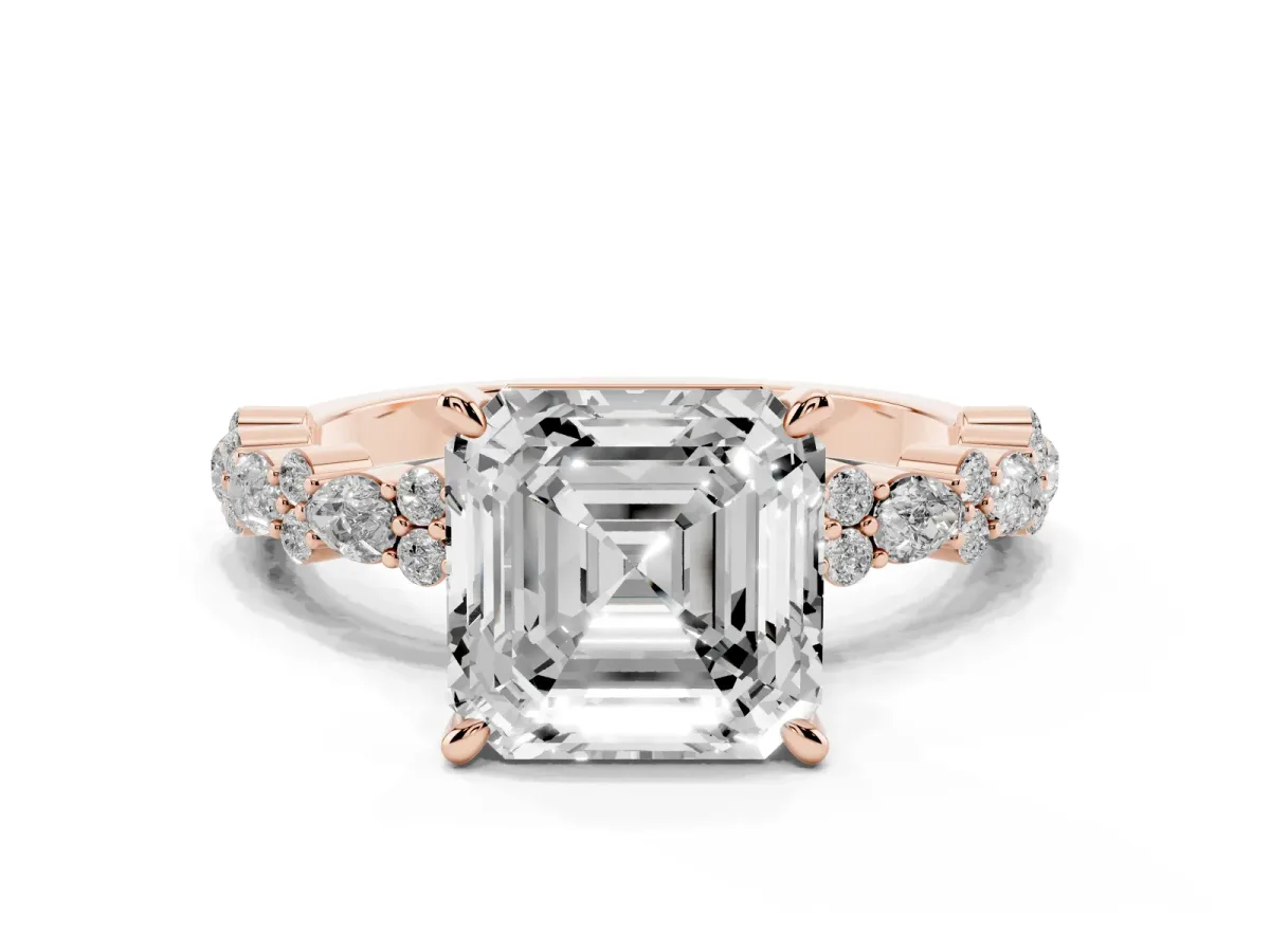 Asscher Cut Diamond Side Stone Solitaire Ring with Round and Four-Prong Setting Rose gold