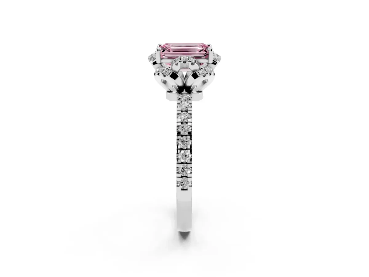 Fancy Pink Emerald Cut Halo Diamond Pave Band Ring with Four-Prong Setting Silver