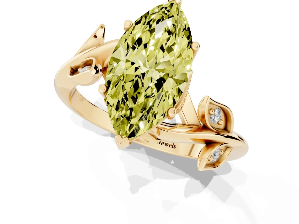 Fancy Yellow Marquise Cut Solitaire Twist Engagement Ring with Leaf Accents and Prong Setting Yellow gold