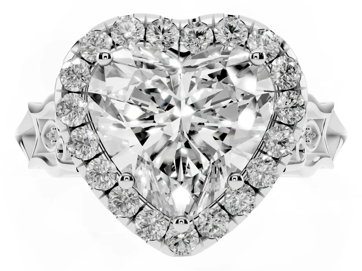 Heart Cut Halo Diamond Engagement Ring with Filigree Band and Four-Prong Setting Silver