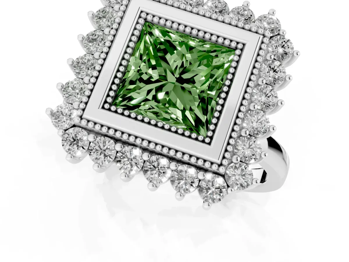 Fancy Green Princess Cut Halo Diamond Ring with Milgrain Edge and Round Prong Setting Silver