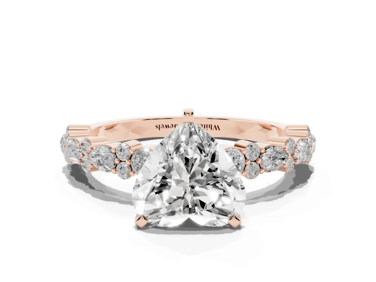Heart Cut Diamond Side Stone Solitaire Ring with Round and Four-Prong Setting Rose gold