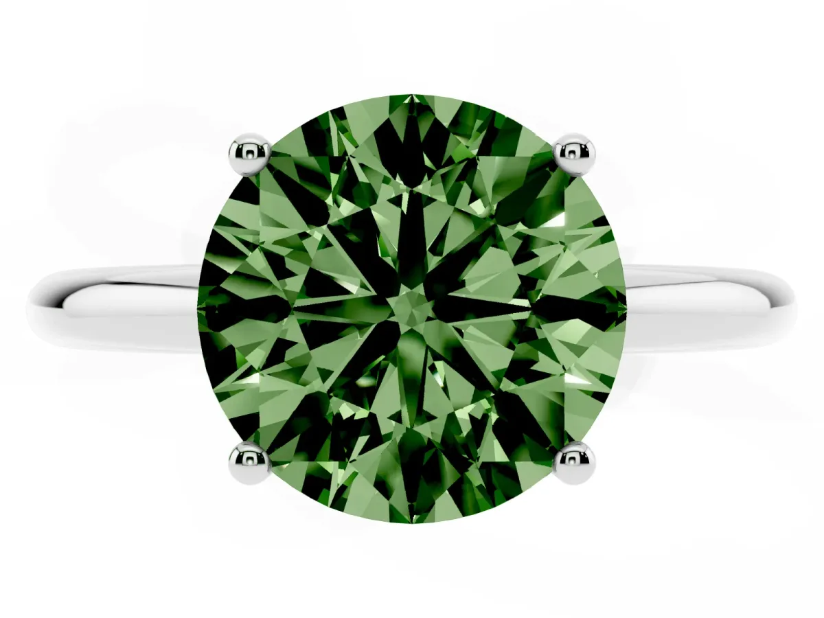 Fancy Green Round Cut Cut Solitaire Engagement Ring with Four-Prong Setting and Classic Band Silver