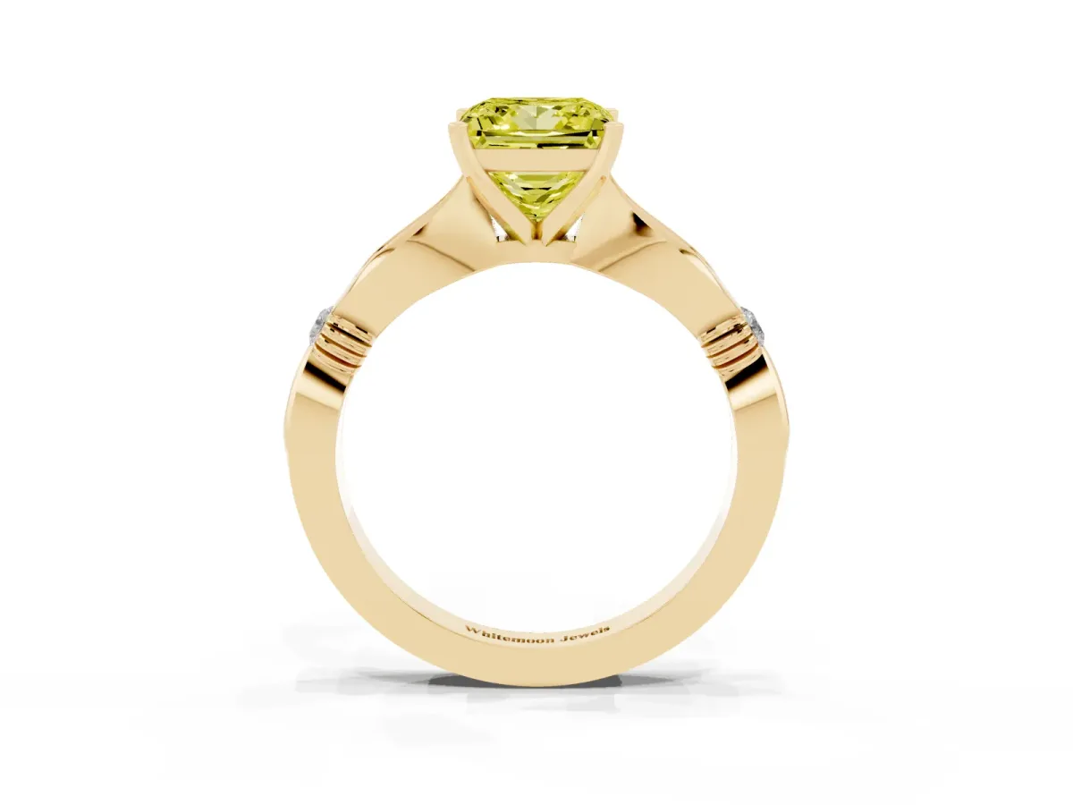 Fancy Yellow Princess Cut Solitaire Diamond Twisted Band with Four-Prong Setting Yellow gold