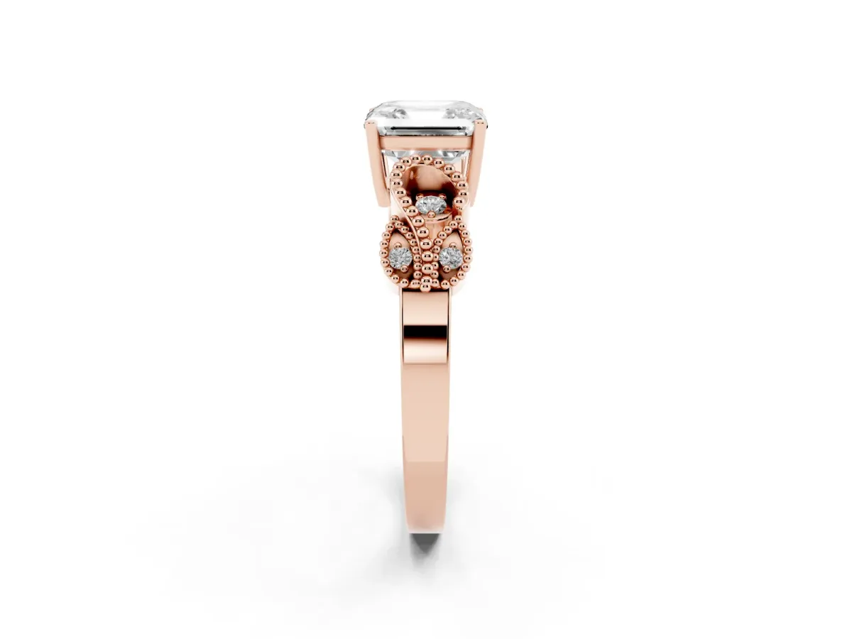 Asscher Cut Solitaire Milgrain Leaf Band with Prong Setting Rose gold