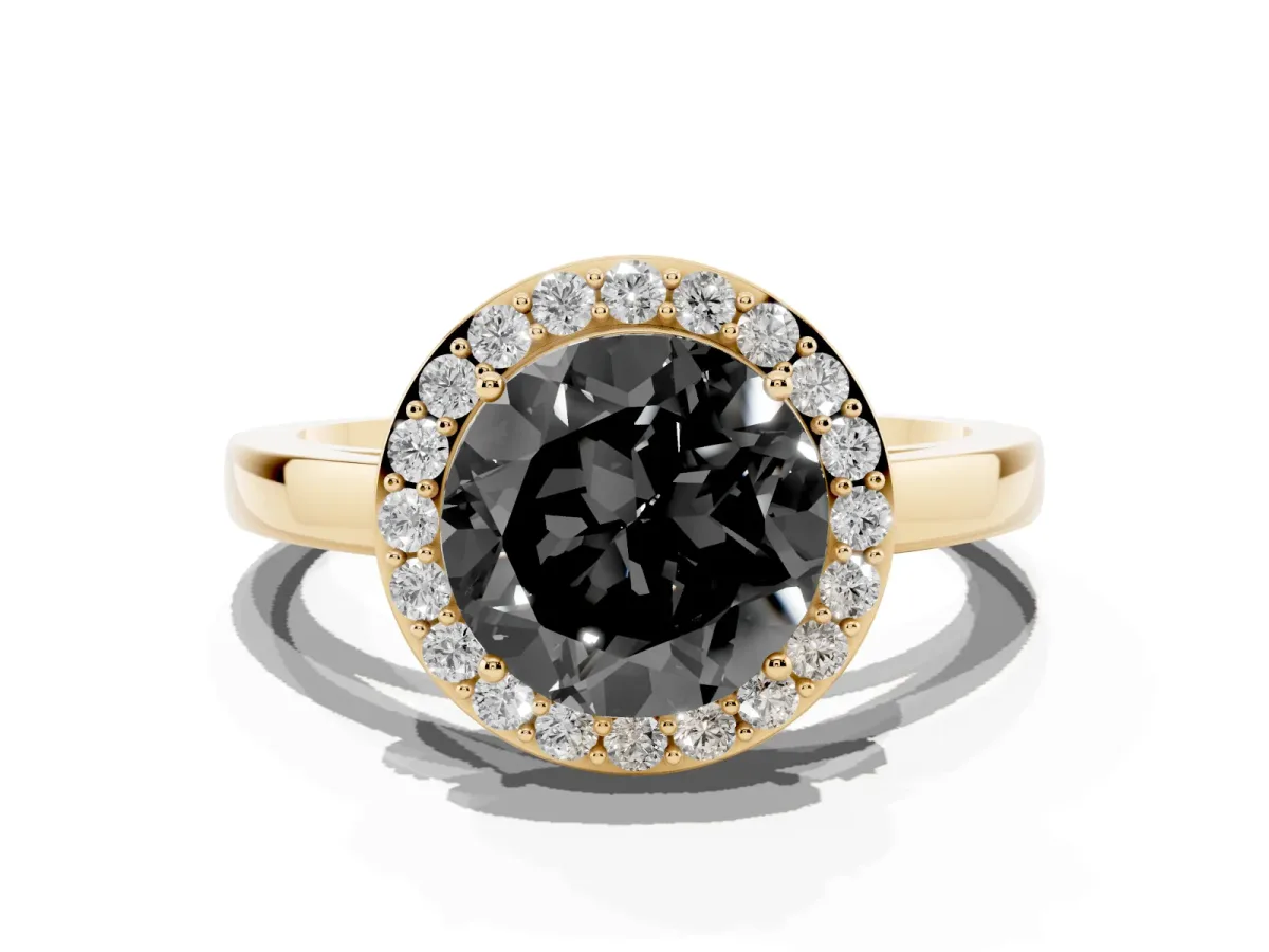 Fancy Black Round Cut Halo Diamond Ring with Solitaire Band and Prong Setting Yellow gold