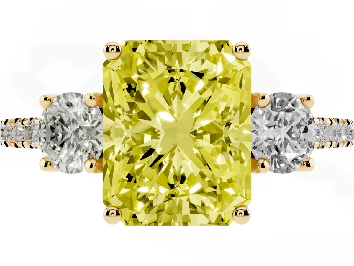 Fancy Yellow Three-Stone Radiant Cut Cut Diamond Pavé Band with Prong Setting Yellow gold