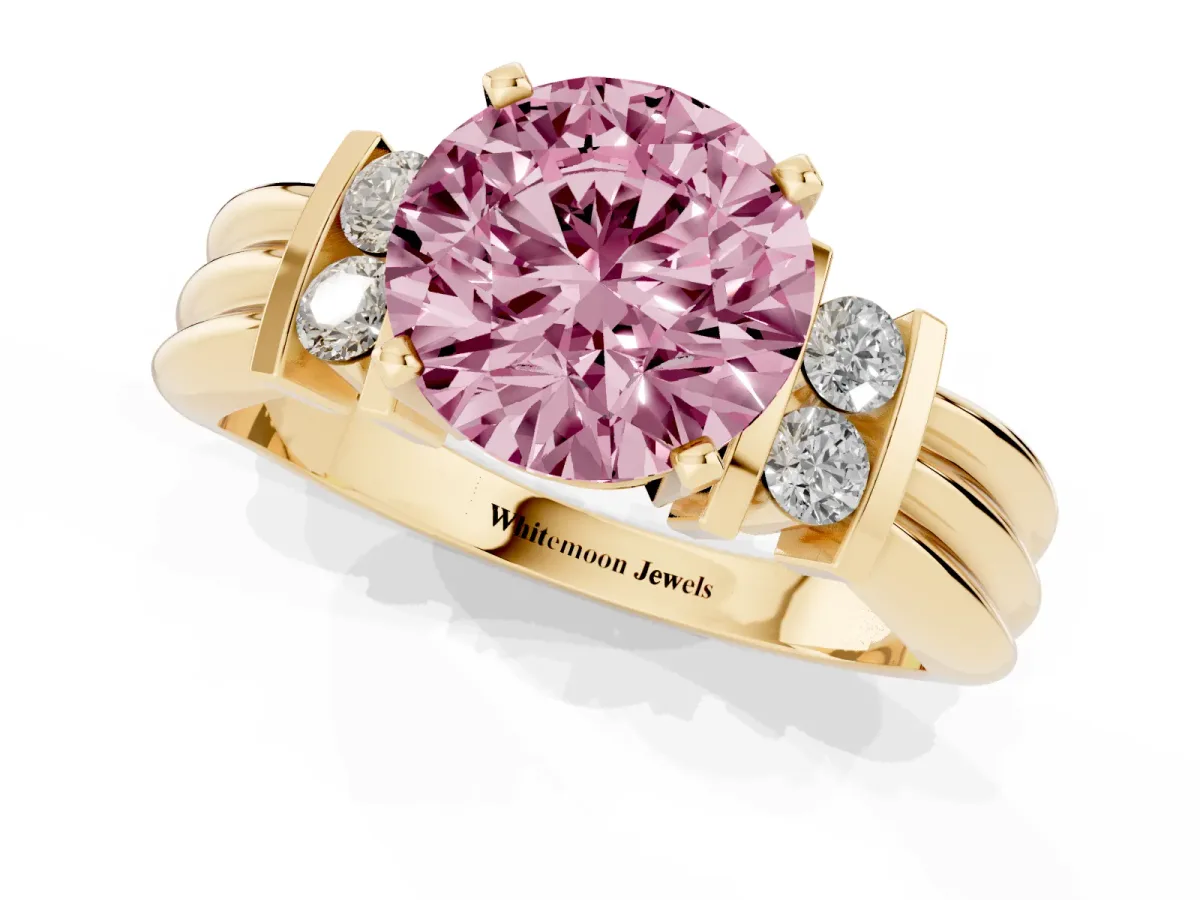 Fancy Pink Round Cut Cut Three-Stone Channel Set Ring with Bar Prongs Yellow gold