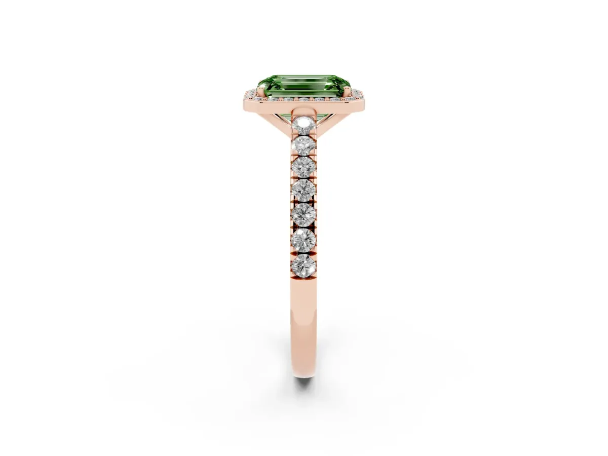 Fancy Green Emerald Cut Cut Halo Diamond Engagement Ring with Pave Band and Four-Prong Setting Rose gold