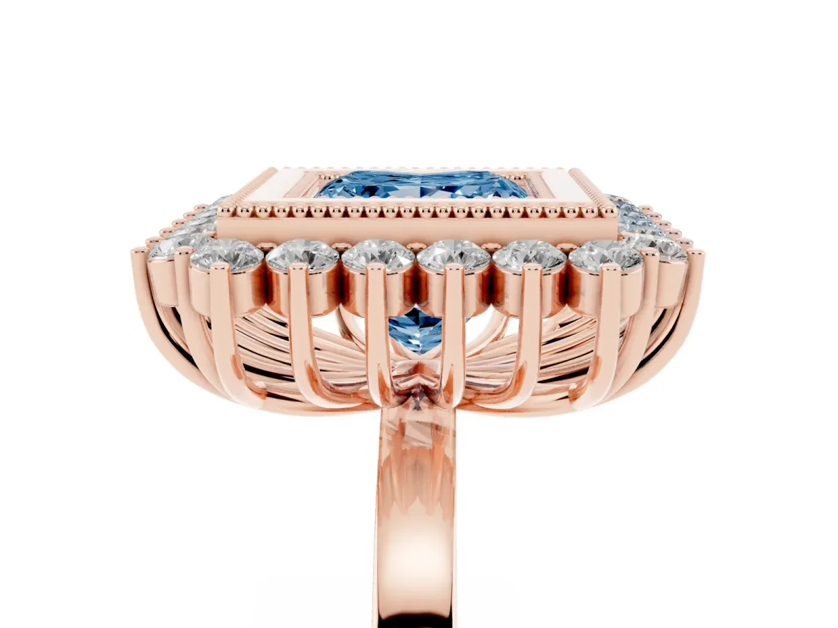Fancy Blue Princess Cut Halo Diamond Ring with Milgrain Edge and Round Prong Setting Rose gold