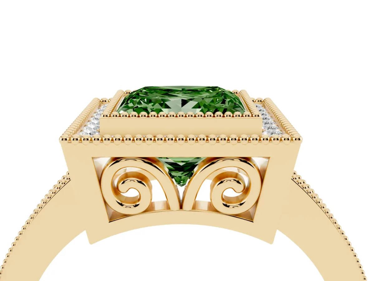 Fancy Green Princess Cut Cut Halo Diamond Ring with Pavé Band and Milgrain Prong Setting Yellow gold