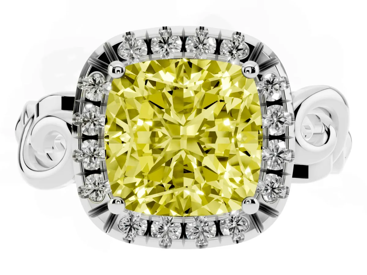 Fancy Yellow Cushion Cut Cut Halo Diamond Ring with Scrollwork Band and Four-Prong Setting Silver